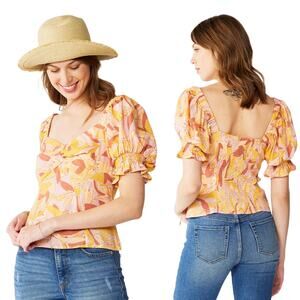 NWT Nine West Top Size Medium Twist Front Puff Sleeves in Yellow Palm Floral